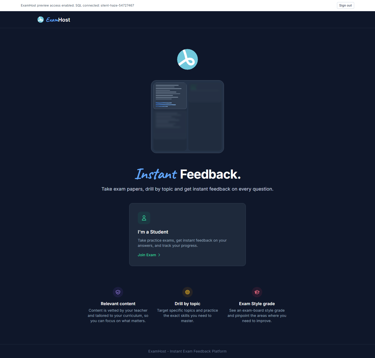 ExamHost deployed app after admin-login access and SQL connection